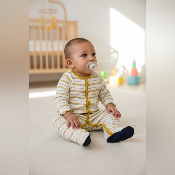 7 For All Mankind White and Yellow Striped Footie - Picture 1 of 6